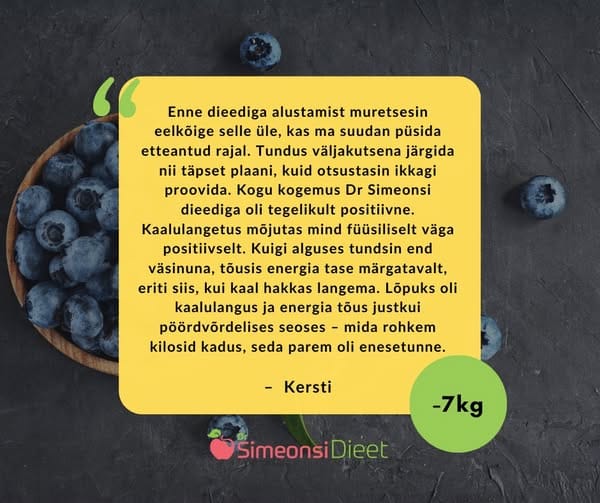 „Kui kummardamine läks raskeks ja kaal tõusis kiiresti, sain aru, et on aeg tegutseda. Olin Dr Simeonsi dieedist juba kuulnud ja otsustasin proovida!“