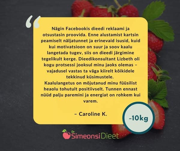 Caroline kaalulangetuse teekond Dr Simeonsi dieediga algas soovist vabaneda aastaga tekkinud ülekaalust. Pika dieediringiga kaotas Caroline 10 kg ja tunneb nüüd rohkem energiat, olles rahul oma edusammudega. Ta on hakanud teadlikult valima tervislikumaid toite ja mõistnud, kuidas toit võib kaalutõusu mõjutada