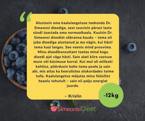 Krislin alustas Dr Simeonsi dieediga pärast laste sündi, et taastada oma enesetunne ja normaalkaal.
Tänu kiirele kaalulangusele, imelisele enesetundele ja alati olemas olnud dieedikonsultandile õnnestus tal kaotada 12 kg!